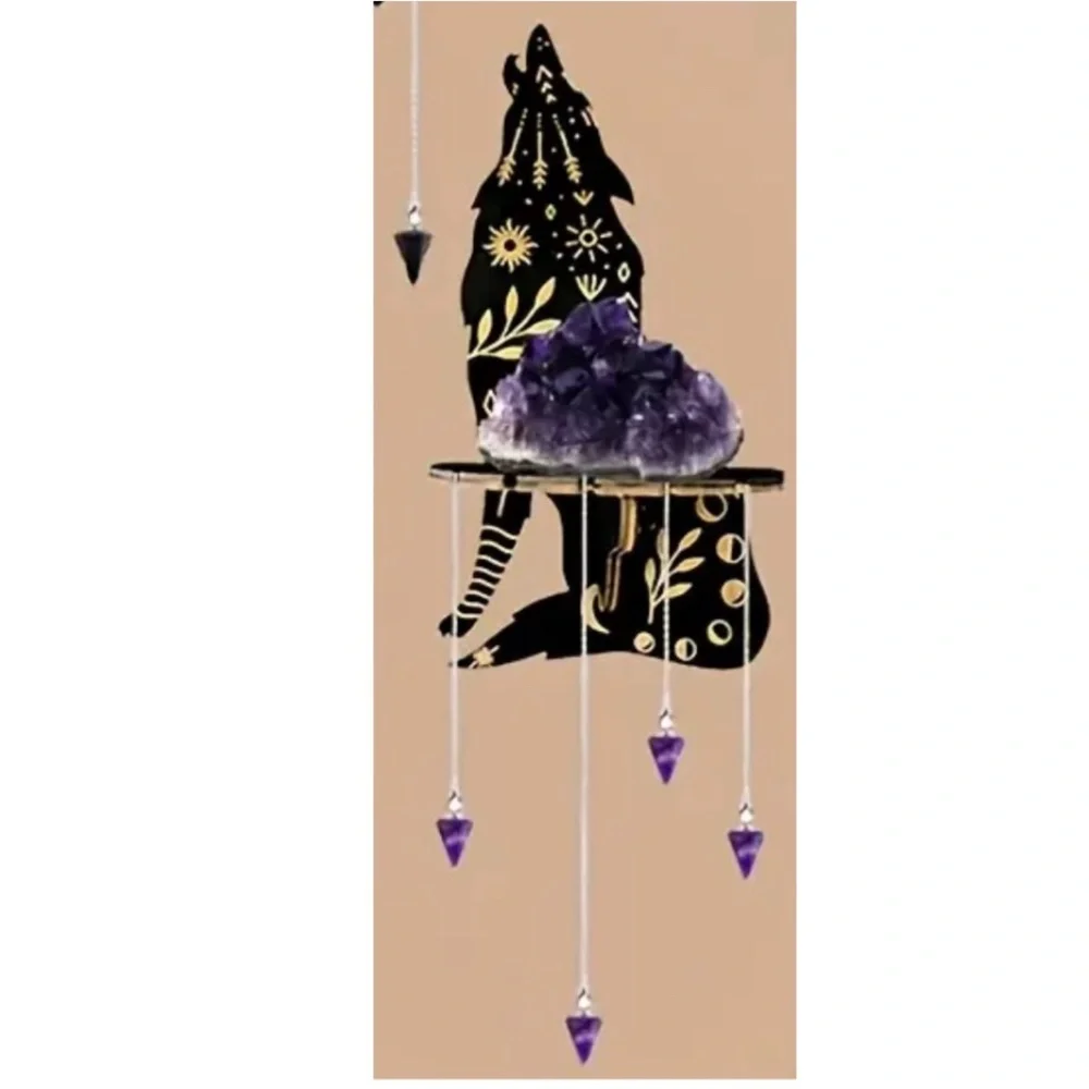 NEW! Majestic Black and Gold Howling Wolf Crystal / Gemstone Display Wall Shelf!